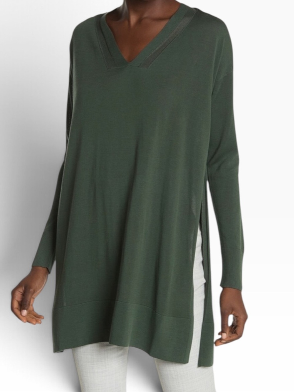 Lafayette 148 NY Olive Green V-Neck Split Side Tunic with Sheer Detail S